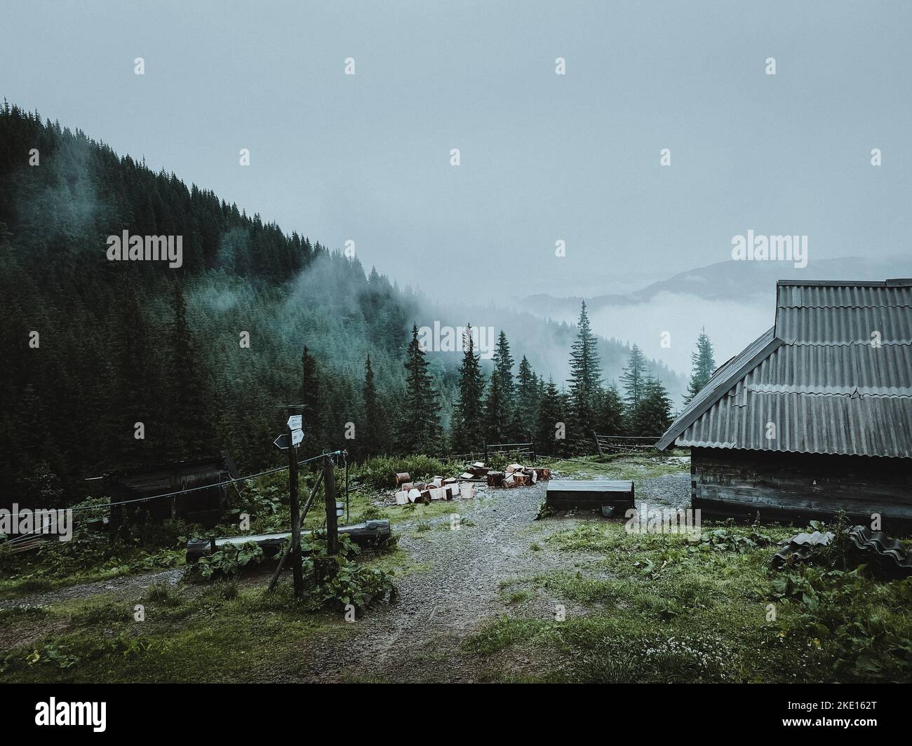 Highland settlement with shepherd's hut in Carpathians mountains Stock Photo