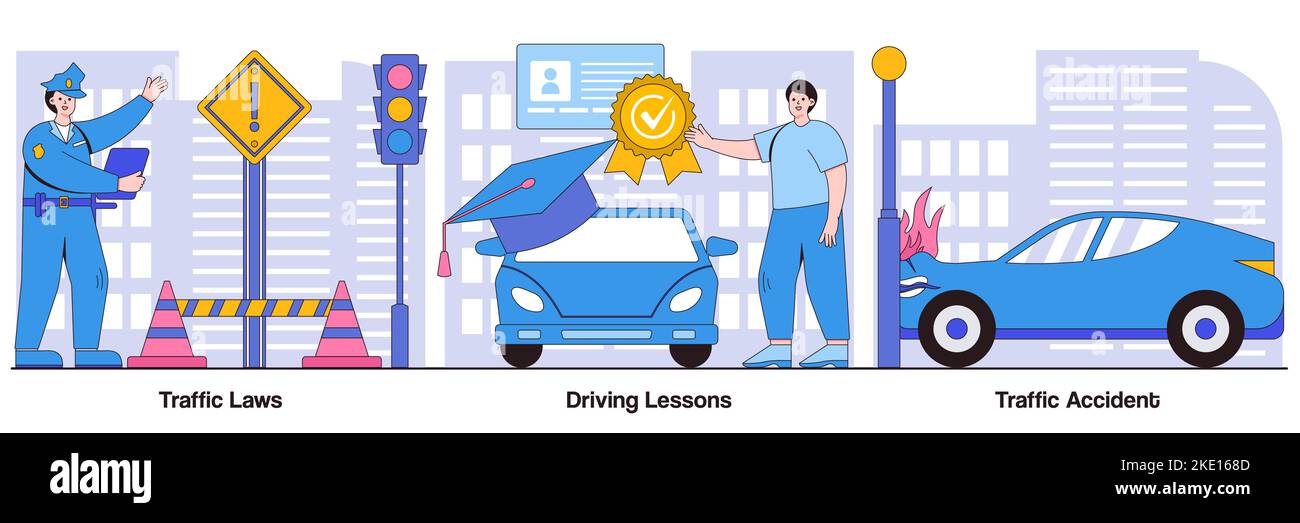 Traffic laws, driving lessons, and traffic accident concepts with people characters. Driving license illustration pack. Road safety, violation fine, c Stock Vector