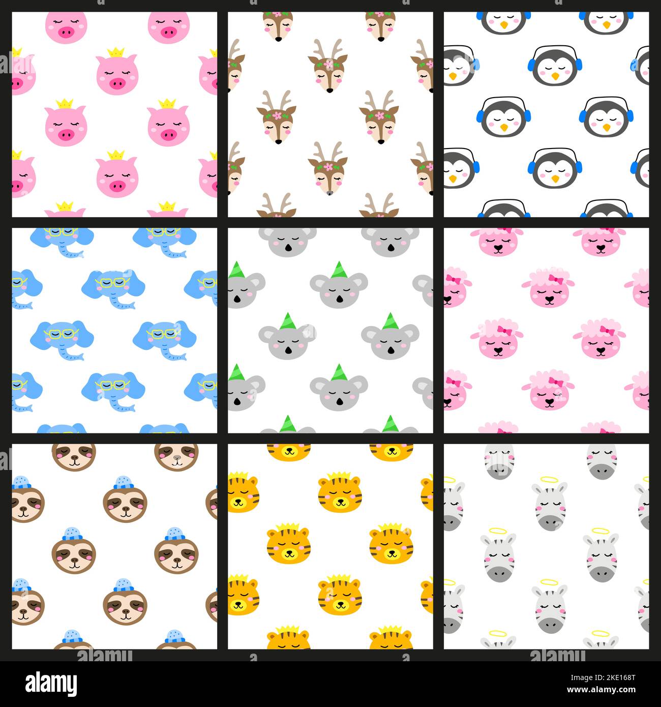 Set of colorful seamless patterns with doodle animal faces. Stock Vector