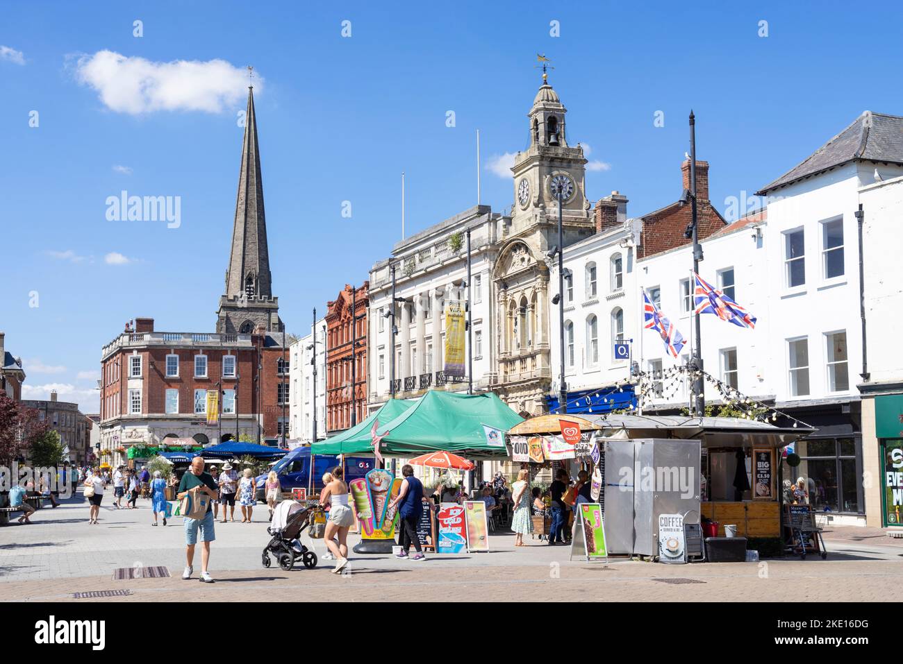 Hereford High Town shopping centre with market stalls and My Coffee corner cafe in the Market Square Hereford Herefordshire England UK GB Europe Stock Photo