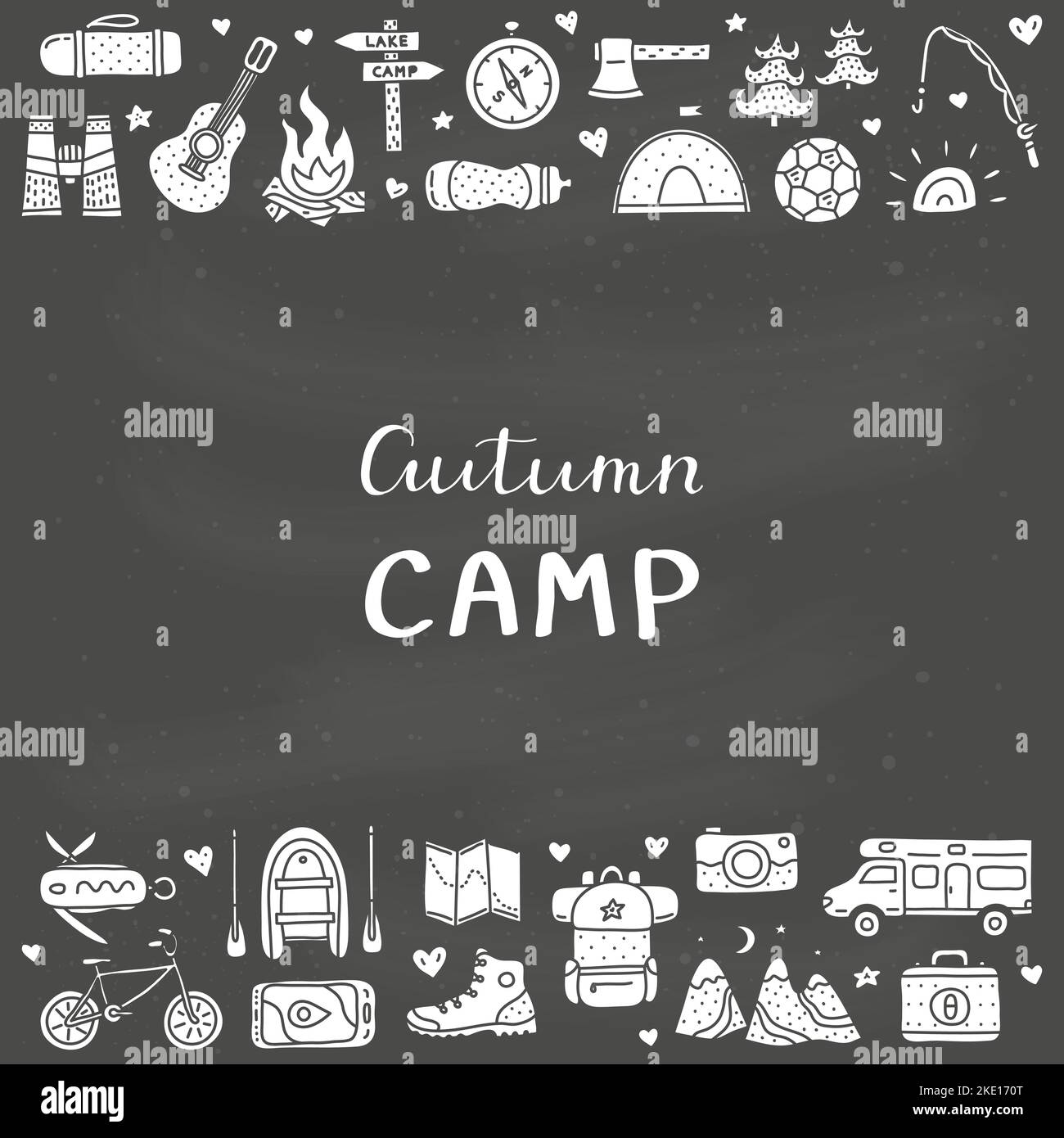 Poster with autumn camp, outdoor doodle icons and the blackboard Stock ...