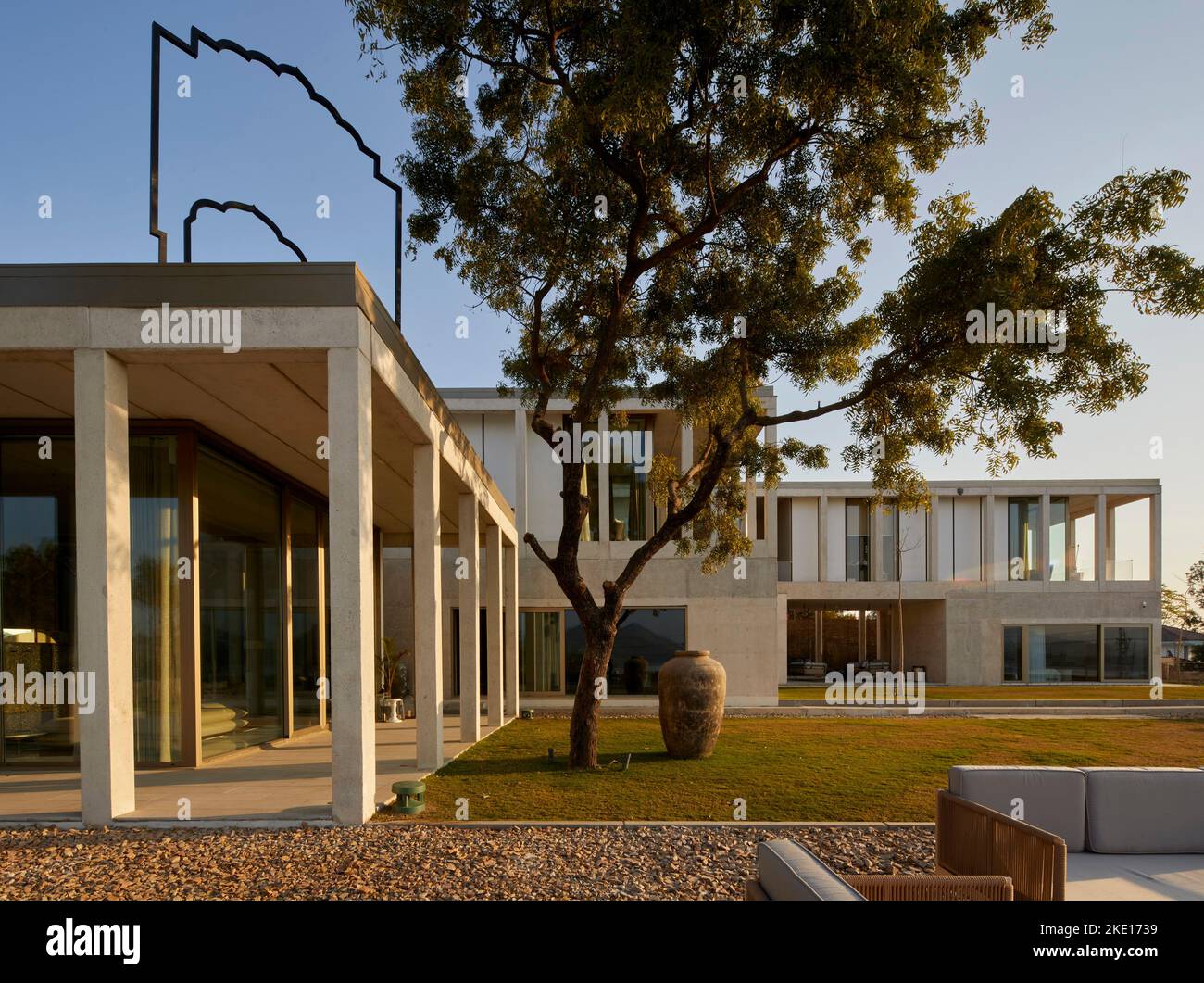 Overall view last light. Lake House, Udaipur, India. Architect Matra Architects , 2020 Stock