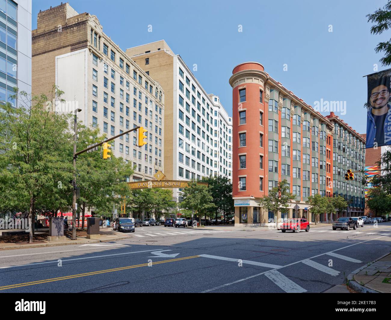 Huron Square (white building at left) and red brick Osborne Apartments