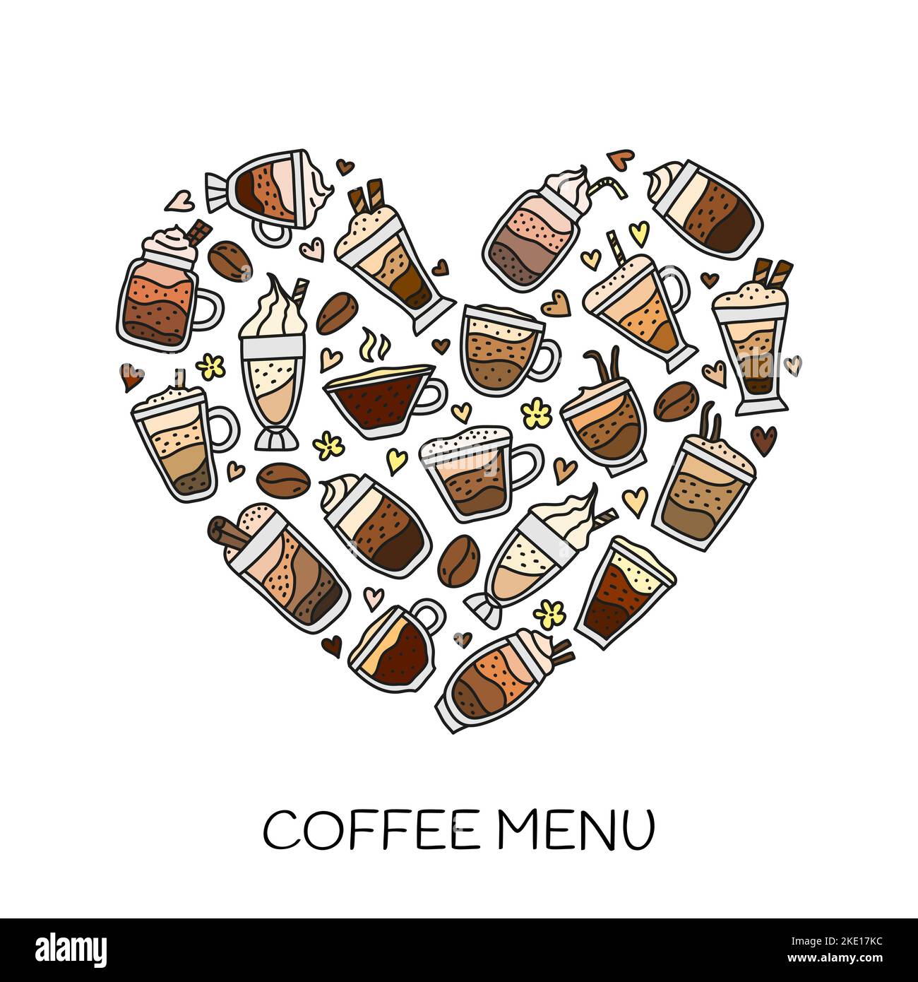 Doodle colored coffee drinks composed in heart shape. Stock Vector