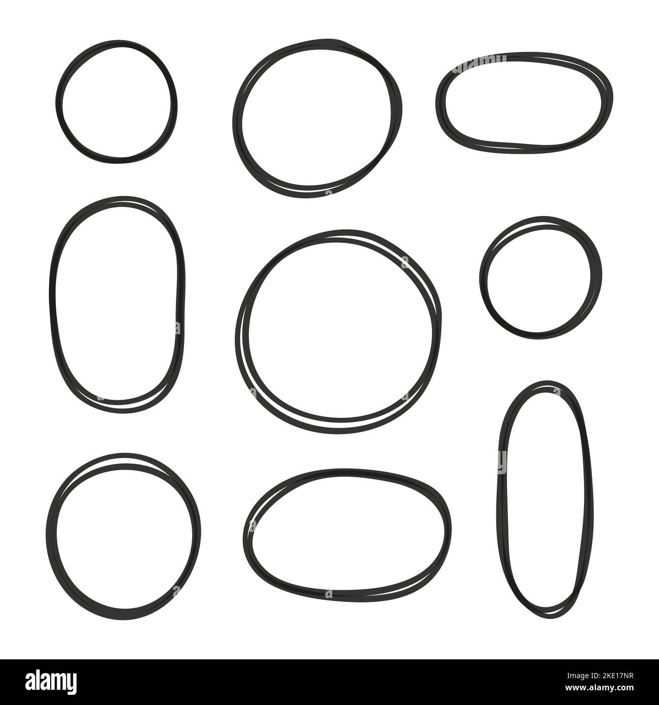 Set of hand drawn black sketched round frames isolated on white ...