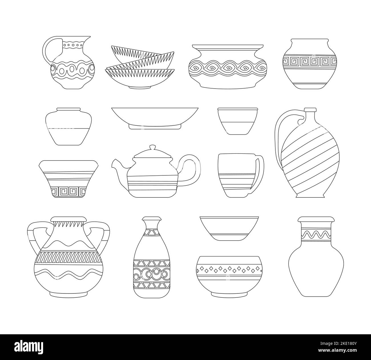 Outline vases. Abstract vintage linear pottery icons, minimal ancient decorative ceramic utensil pot jug vessel urn, simple clay craft objects. Vector set of pottery vase antique illustration Stock Vector