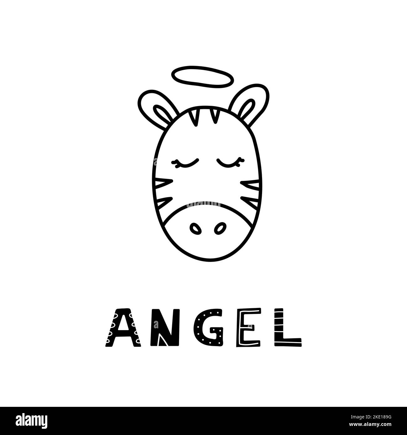 Cute hand drawn illustration with zebra face and lettering angel