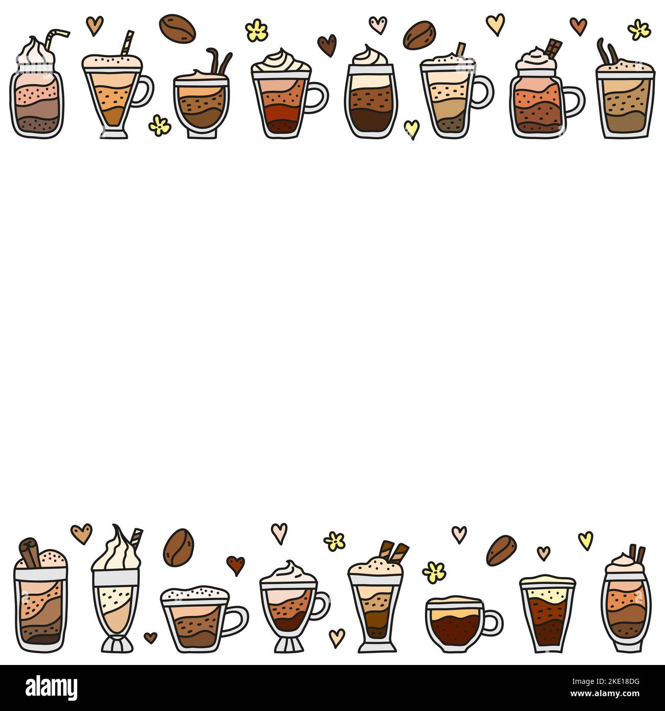 Poster with doodle colored coffee drinks and white background. Stock Vector
