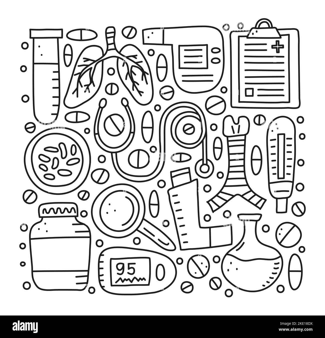Set of doodle outline pulmonology items, including lungs, trachea