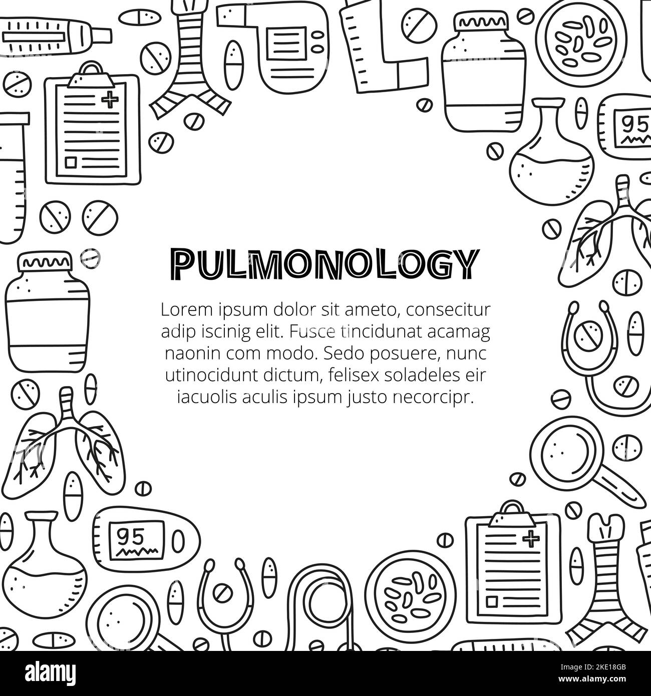 Poster with doodle outline pulmonology items, including lungs, trachea