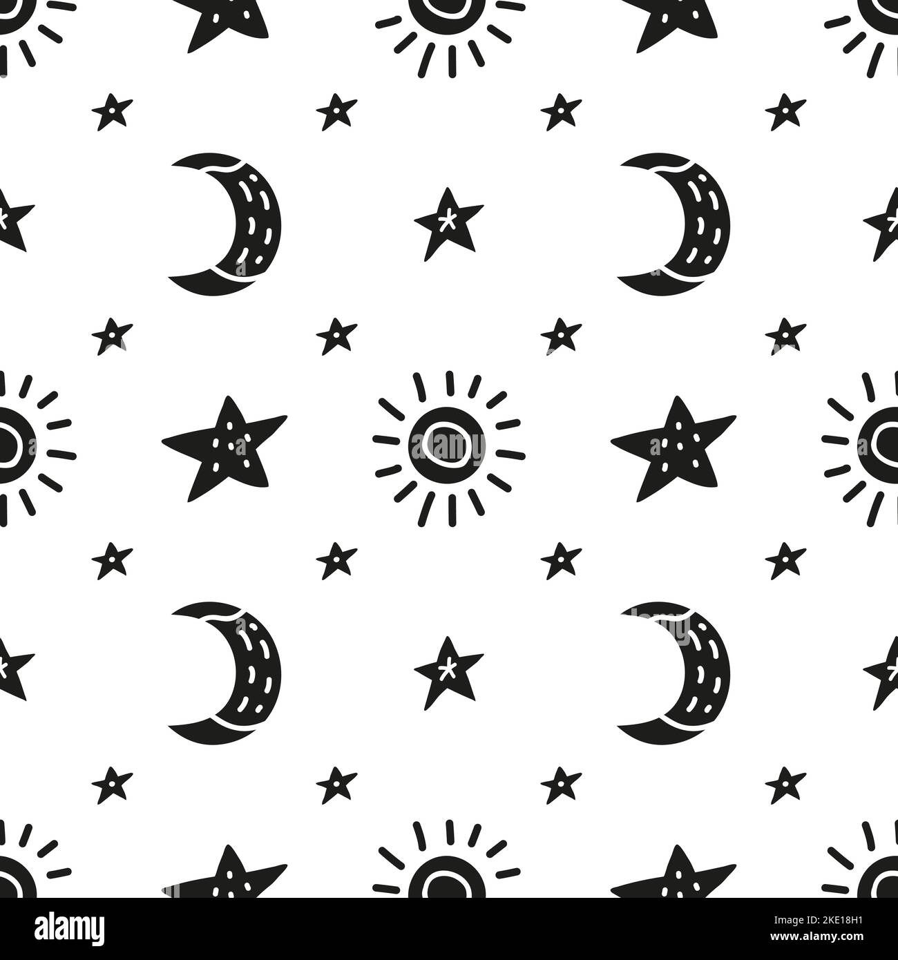 Black and white seamless pattern with doodle stars, moon and sun icons ...