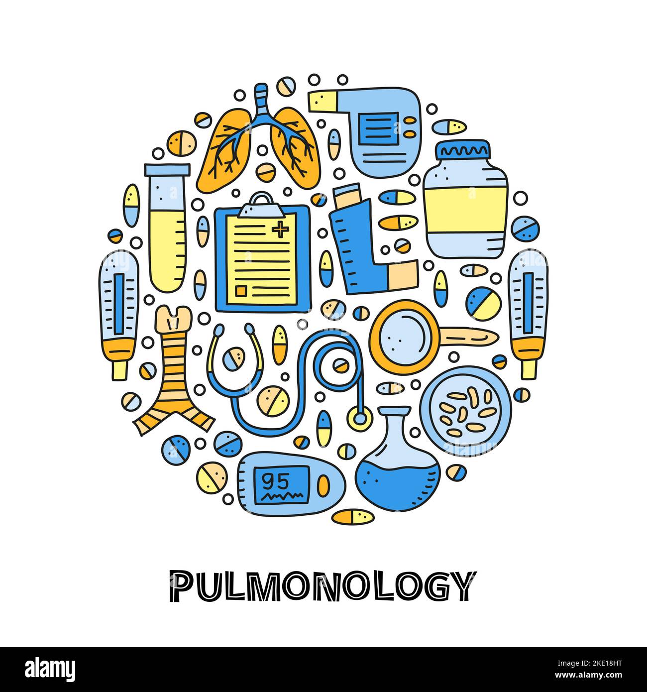 Doodle colored pulmonology items, including lungs, trachea, spirometer