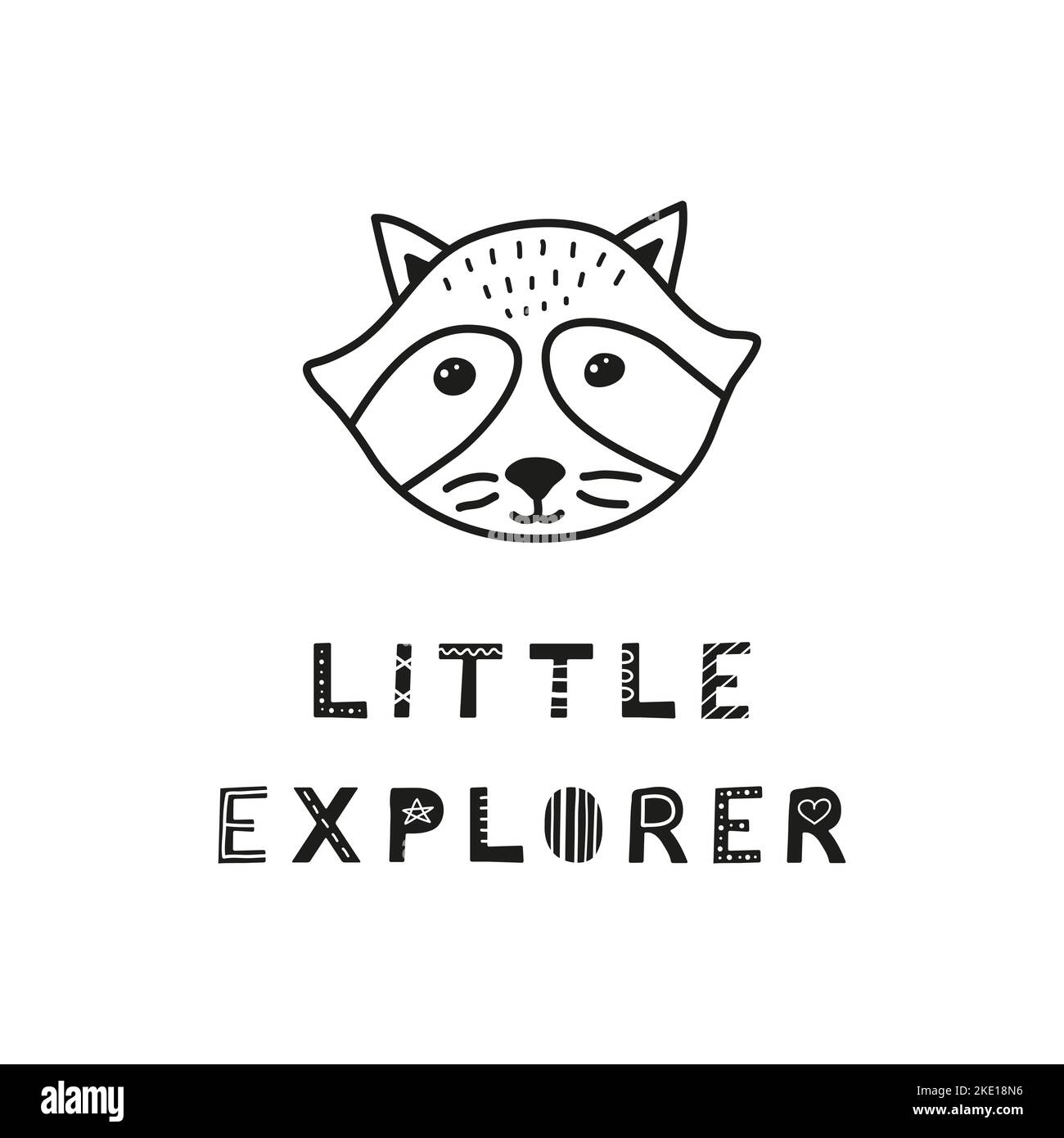 Cute hand drawn illustration with raccoon face and lettering little