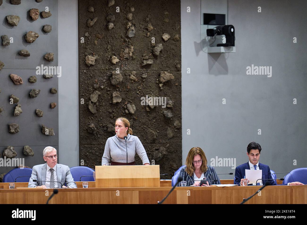 2022-11-09 17:40:35 THE HAGUE - Marnix van Rij, State Secretary for Taxation, Carola Schouten, Minister for Poverty Policy, Participation and Pensions, Aukje de Vries, State Secretary for Benefits and Customs and Rob Jetten, Minister for Climate and Energy during a debate on the Tax Plan 2023. about an intensification of the child budget and amendment of the General Old Age Pensions Act. ANP PHIL NIJHUIS netherlands out - belgium out Stock Photo