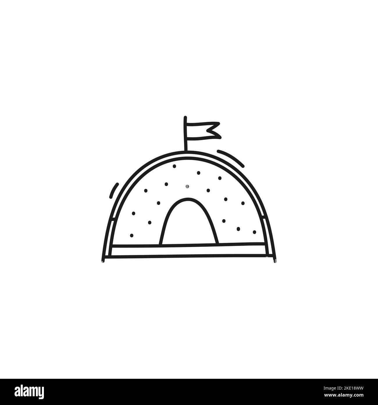Doodle outline camping tent with flag isolated on white background ...