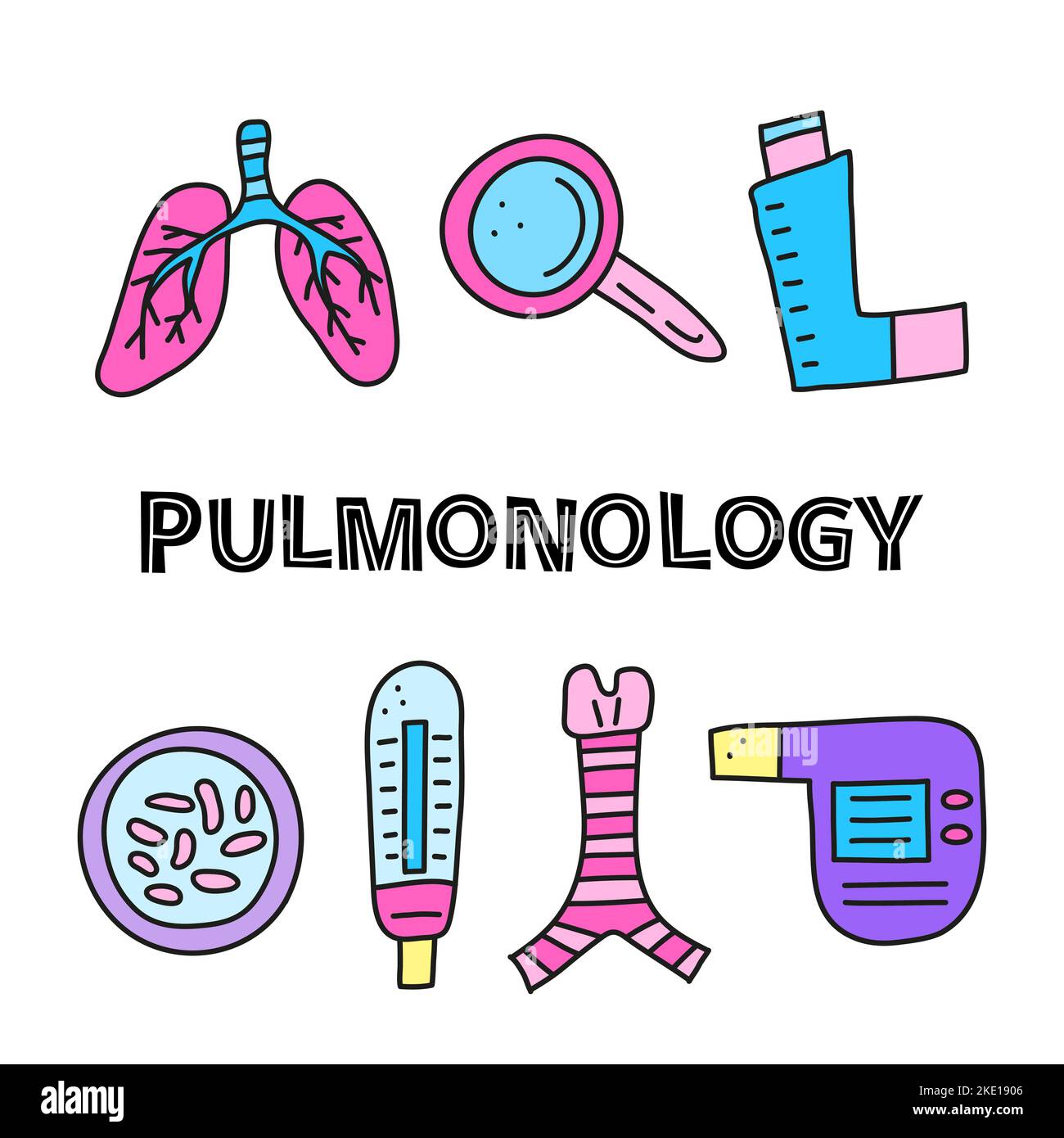 Poster with doodle colored pulmonology items, including lungs, trachea
