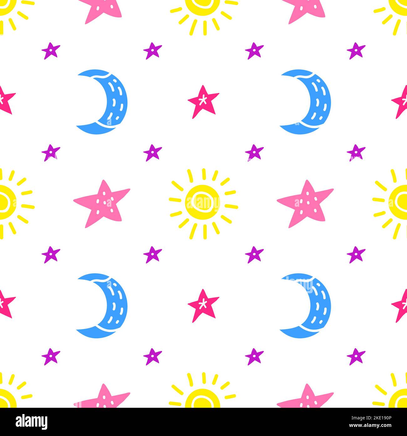 Simple seamless pattern with doodle stars, moon and sun icons Stock ...