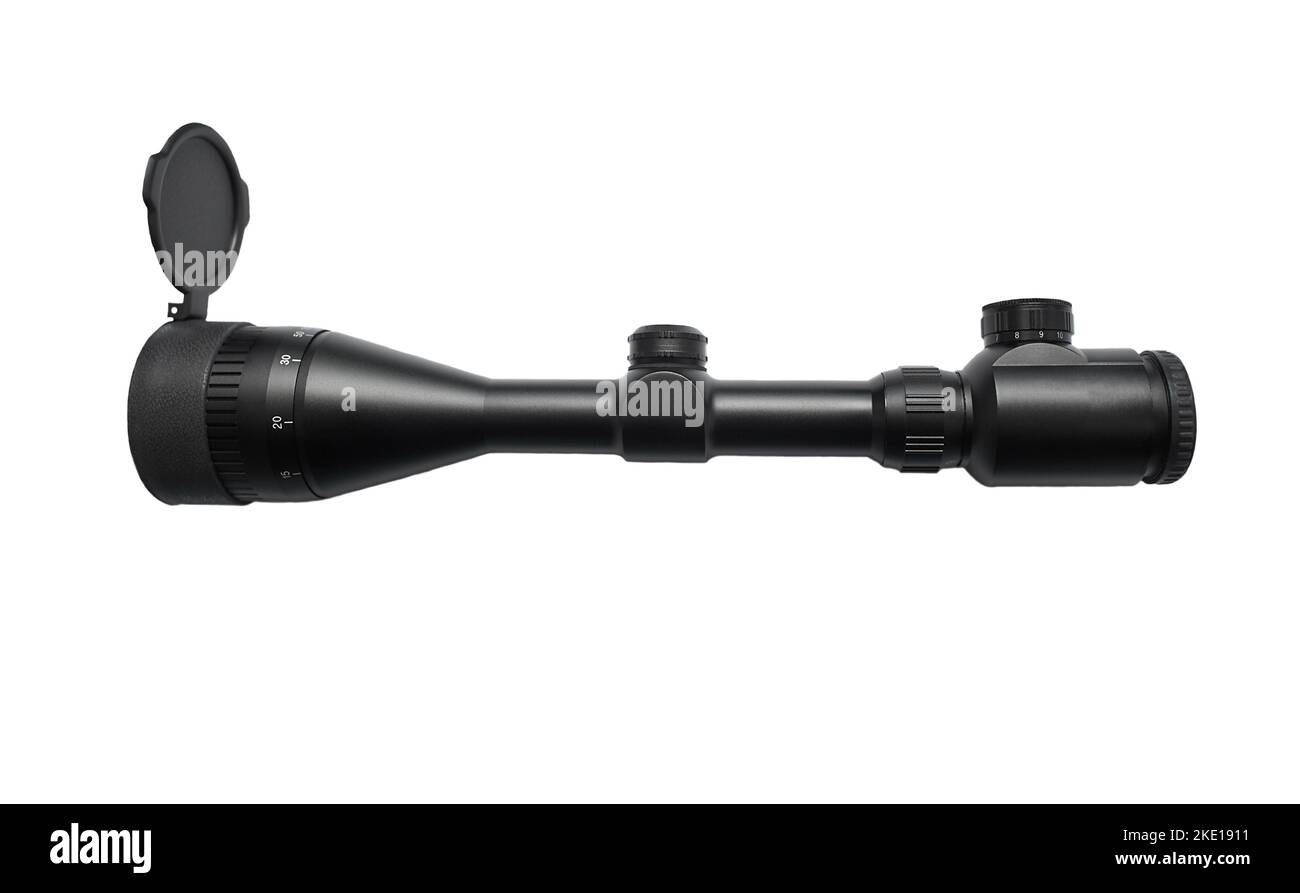 Modern black optical sniper scope for weapon isolated on white. sight