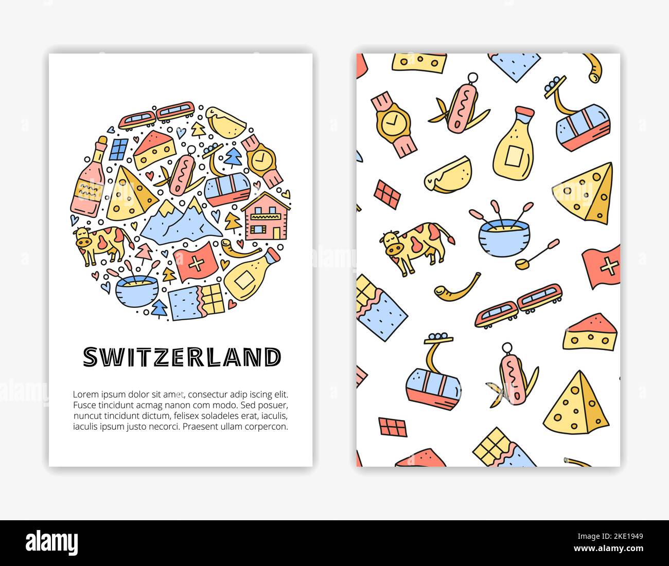 Card templates with doodle colored Switzerland travel icons. Used clipping mask. Stock Vector
