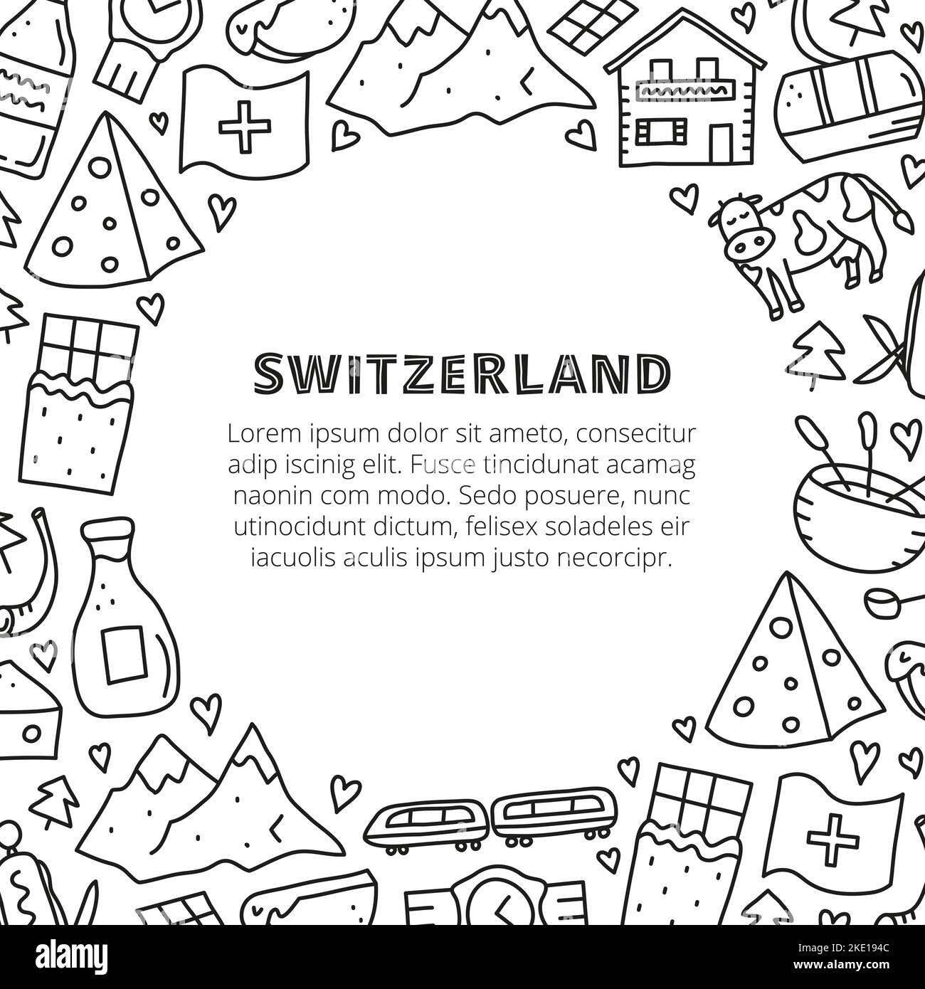 Poster with doodle outline Switzerland travel icons including cheese, chocolate, cable car, train, cow, Alpine mountains, house chalet, fondue, alphor Stock Vector