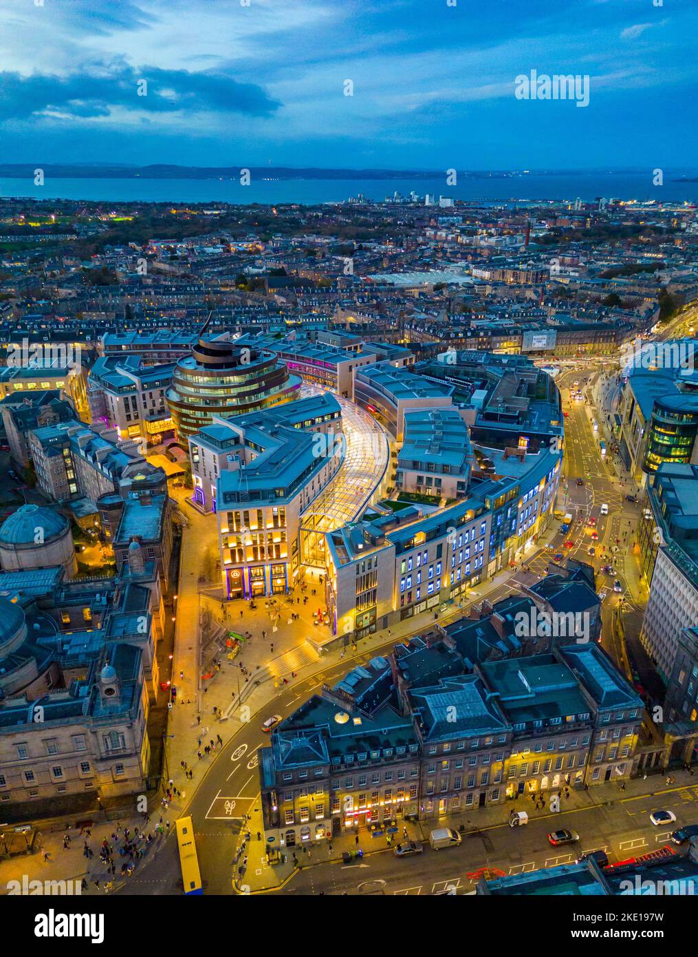 Aerial view from drone at dusk of new St James Quarter shopping and residential development and Edinburgh skyline, Scotland, UK Stock Photo