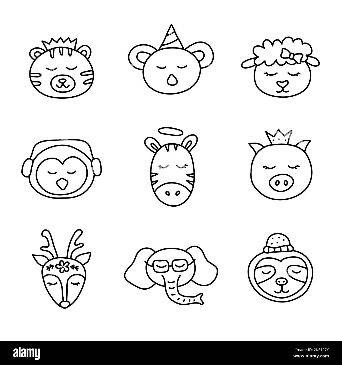 Set of cute doodle animal faces in scandinavian style isolated on white background. Stock Vector