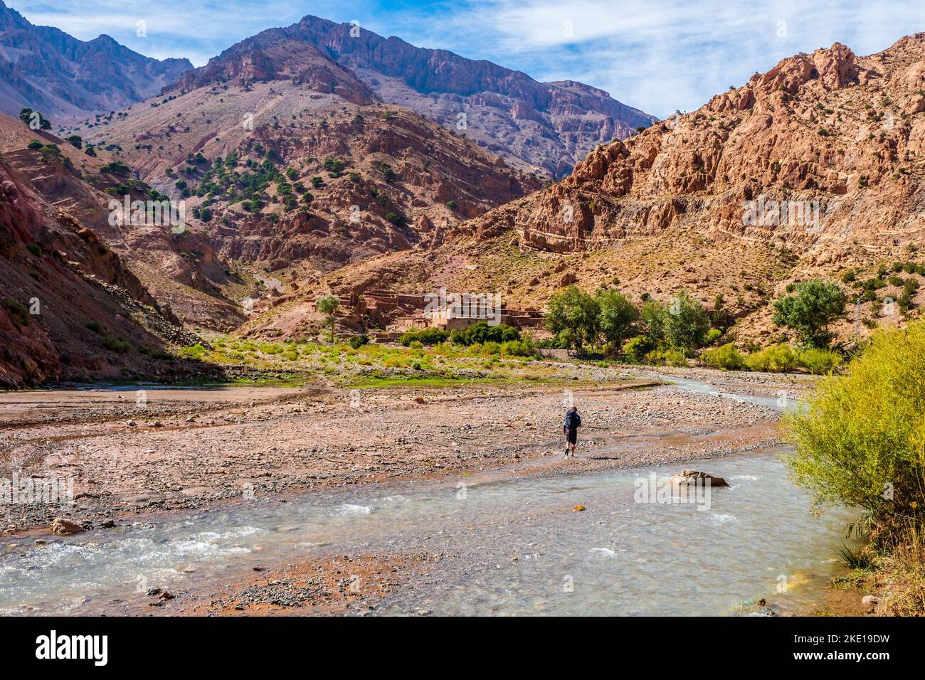 Male walker Trekking the M'Goun gorges / river trek in the High Atlas ...