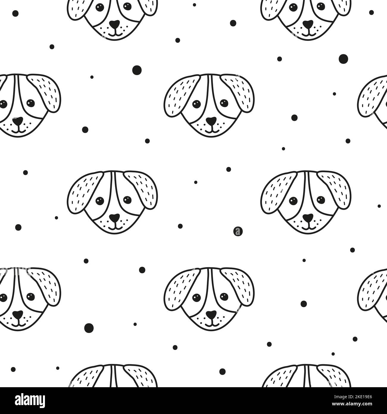 Black and white seamless pattern with doodle outline puppy faces and ...