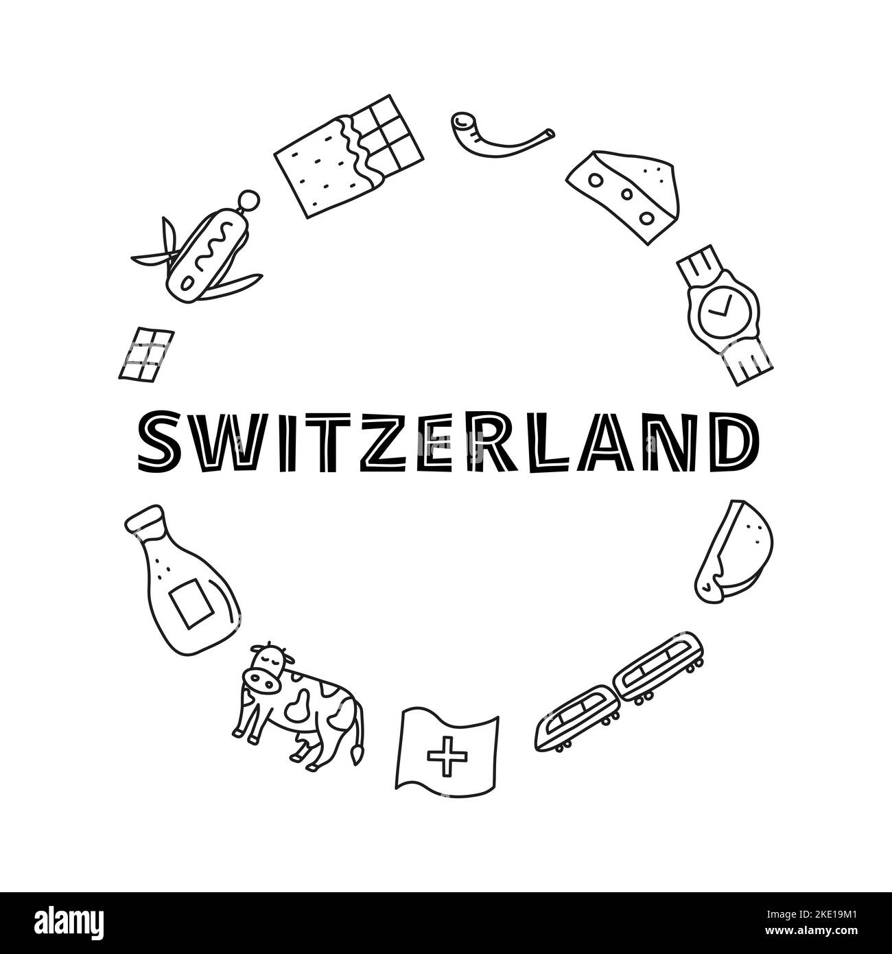 Doodle outline Switzerland travel icons including cheese, chocolate, cable car, train, cow, fondue, alphorn, milk, watch composed in circle shape. Stock Vector
