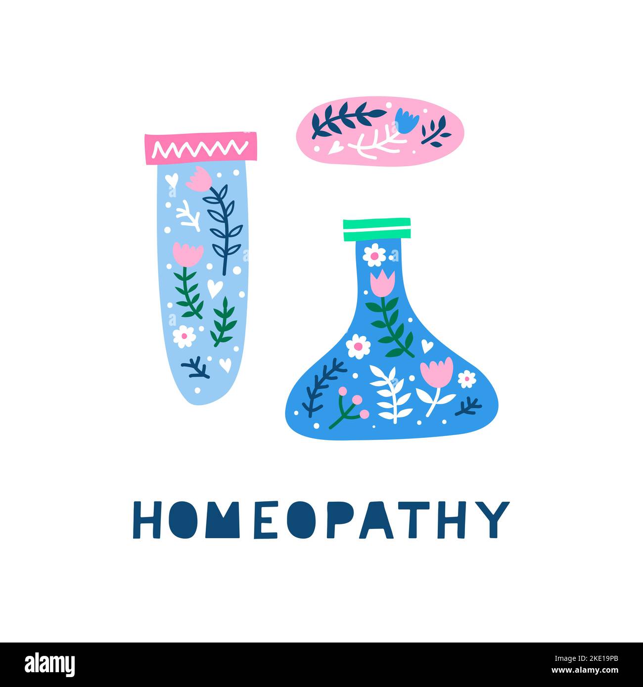 Colorful scandinavian doodle flask, test tube, medical pill with floral