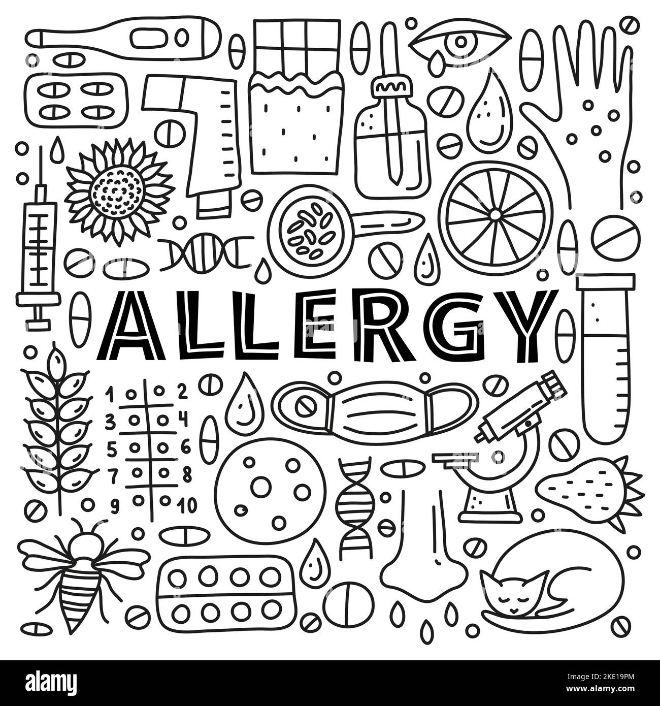 Poster with lettering and doodle outline allergy icons including skin