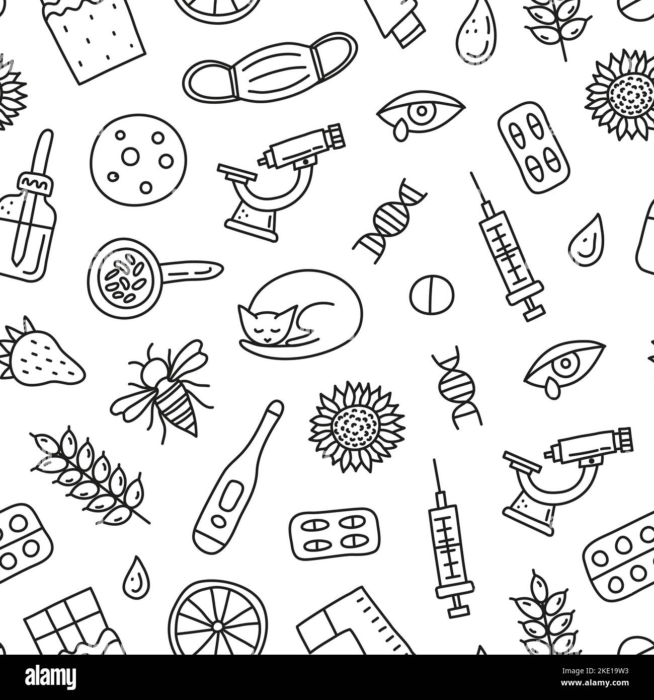 Black and white seamless pattern with doodle outline allergy icons including skin rash, runny eye, mask, cat, honey bee, microscope, dnk, pipette bott Stock Vector
