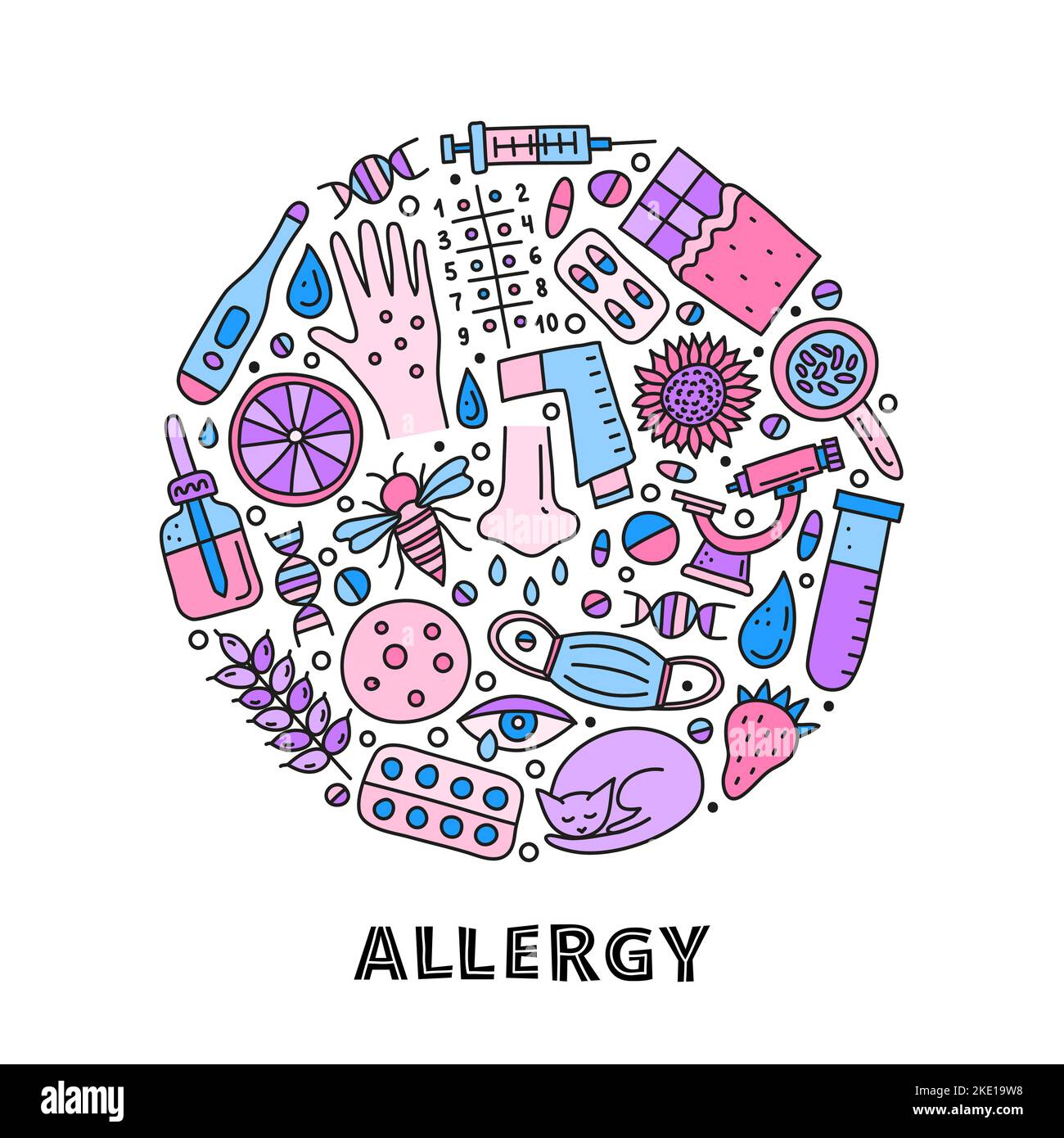 Doodle colored allergy icons including skin rash, runny eye, mask, cat
