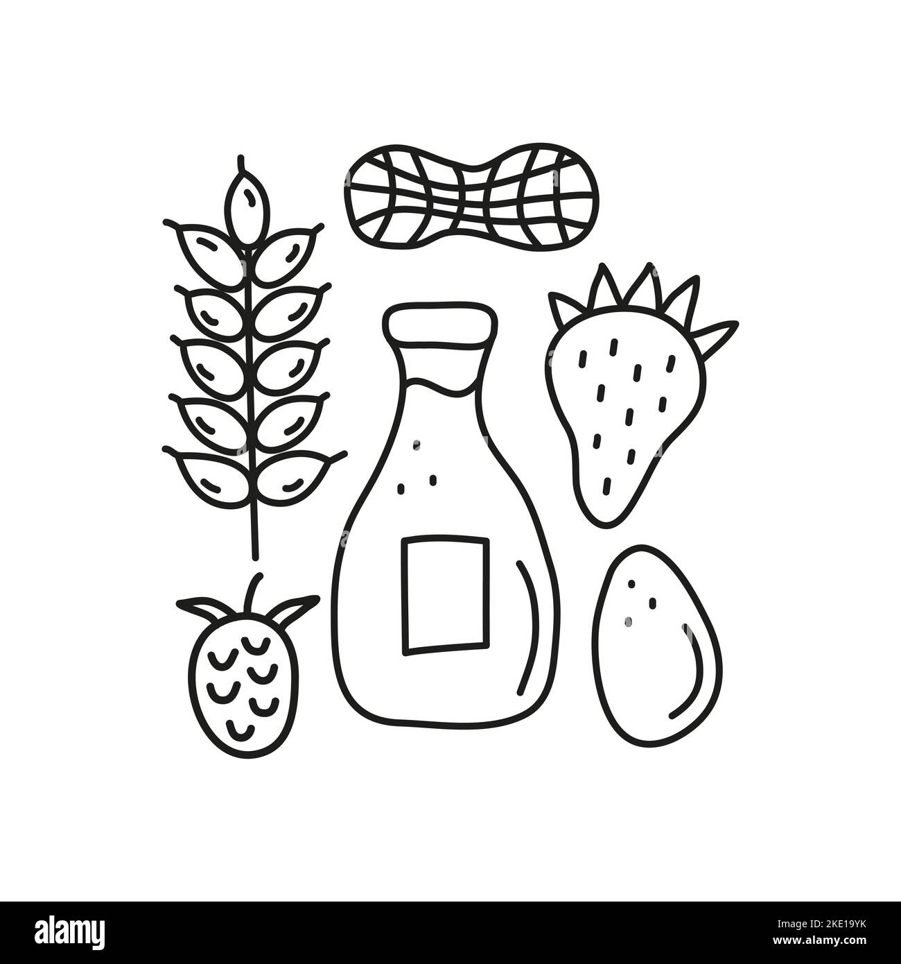 Group of doodle outline food allergens including wheat, raspberry, peanut, milk in bottle, strawberry, egg isolated on white background. Stock Vector