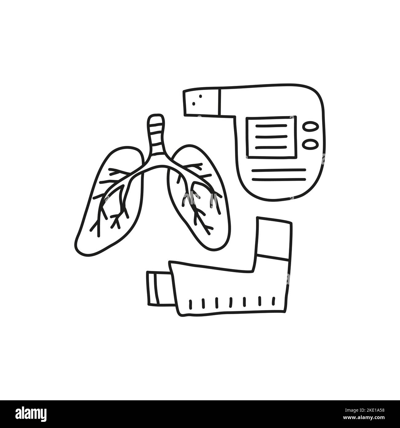 Doodle outline lungs, pocket inhaler and spirometer isolated on white
