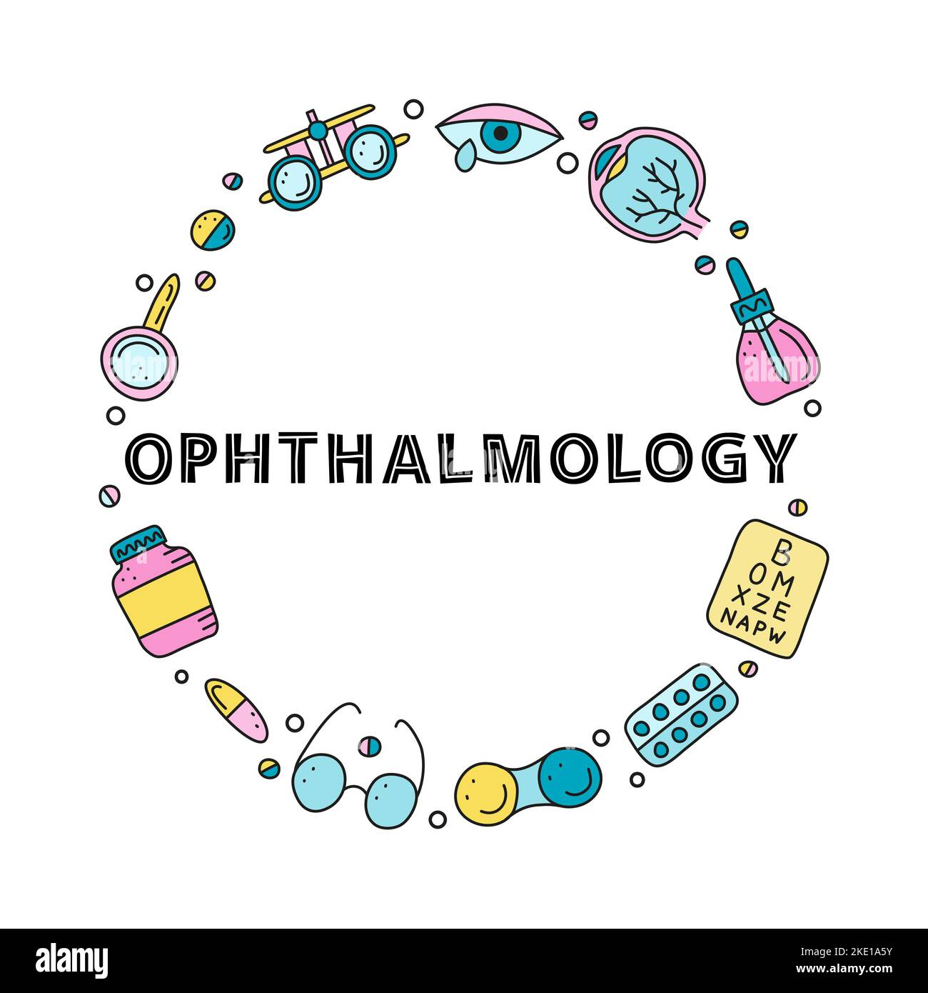 Doodle colored ophthalmology icons including runny eye, pipette bottle