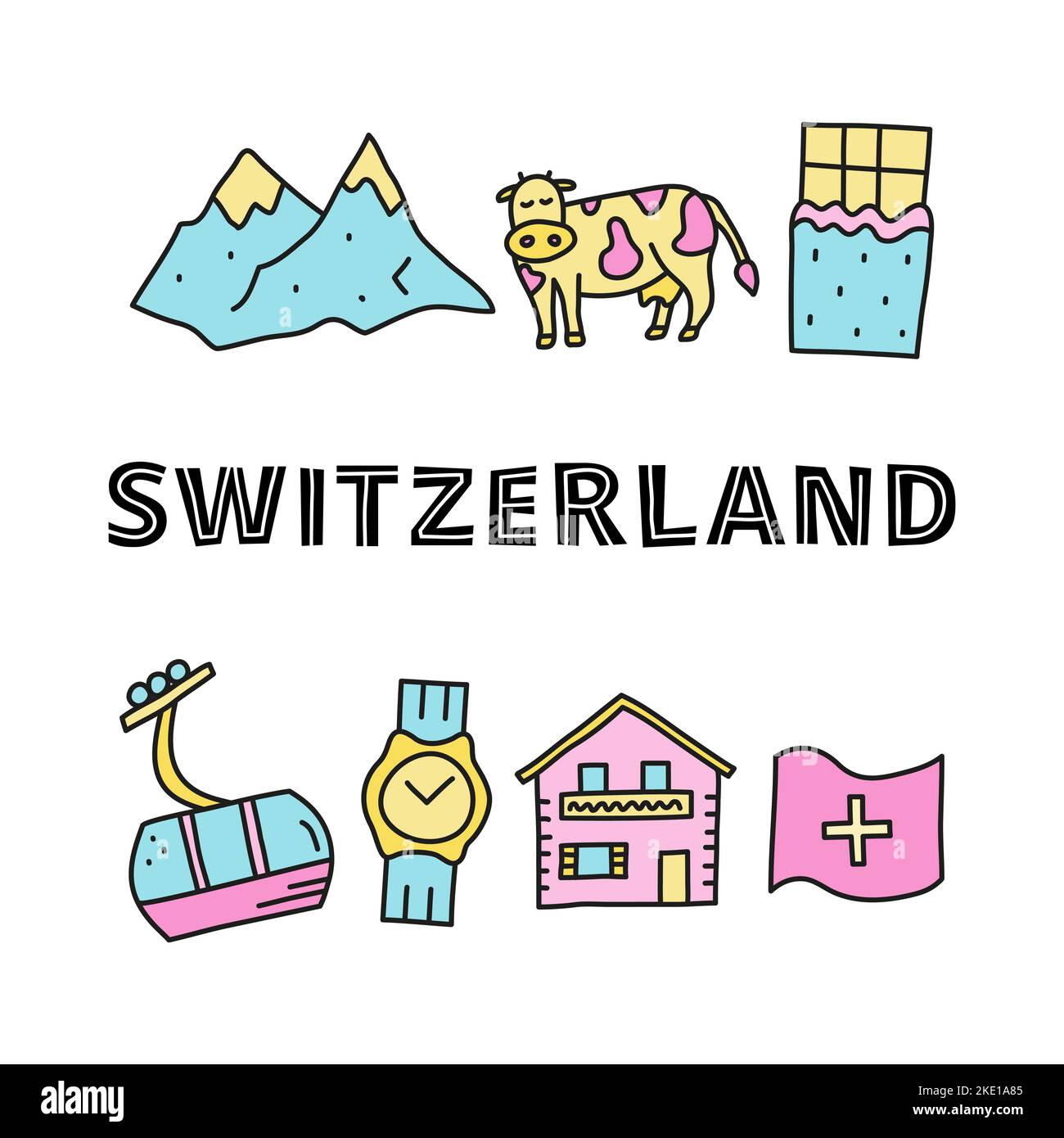 Poster with doodle colored Switzerland travel icons including chocolate, cable car, cow, Alpine mountains, house chalet, wrist watch, flag and letteri Stock Vector