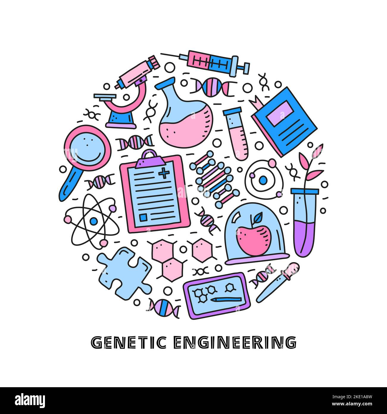 Doodle colored genetic engineering icons including dna, microscope ...