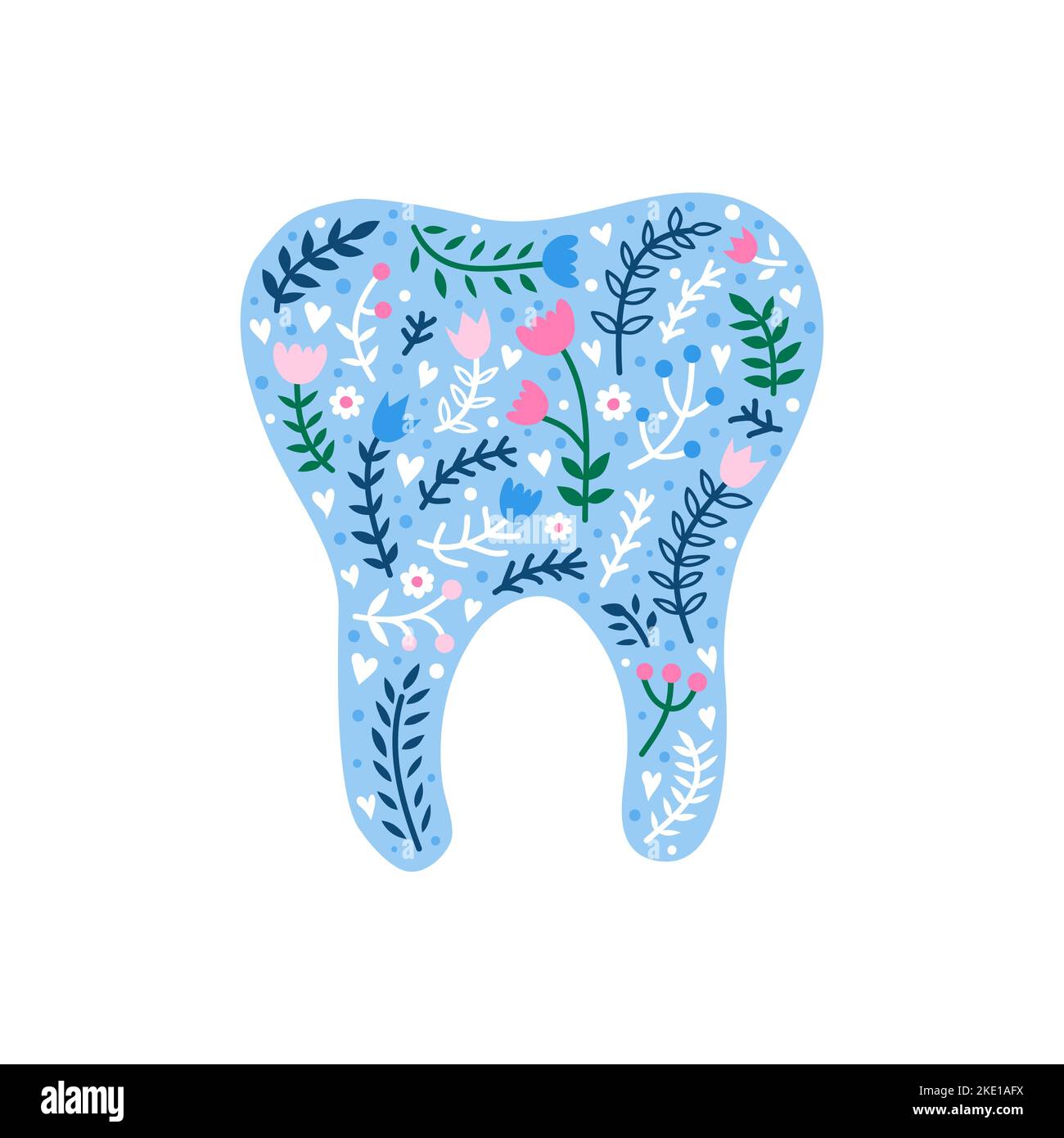 Colorful doodle tooth with Scandinavian floral ornament, flowers, leaves, herbs isolated on white background. Can be used for dental posters, prints, Stock Vector