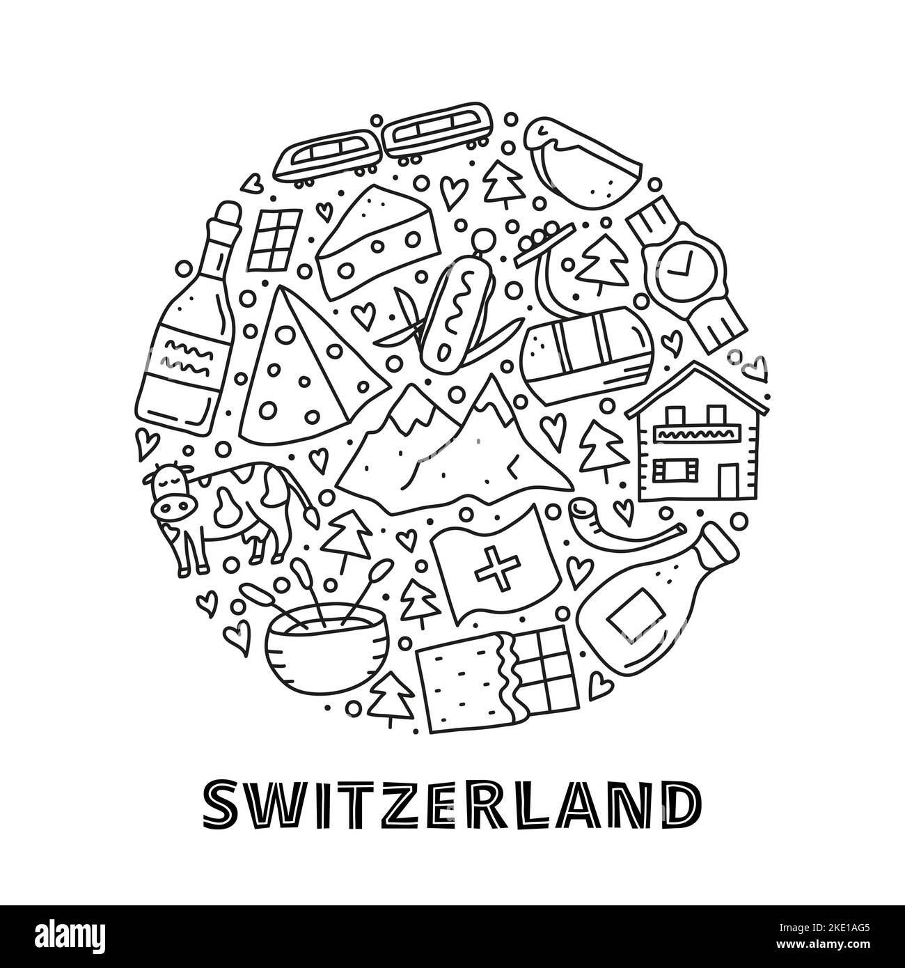 Doodle outline Switzerland travel icons including cheese, chocolate, cable car, train, cow, Alpine mountains, house chalet, fondue, alphorn, wine, mil Stock Vector