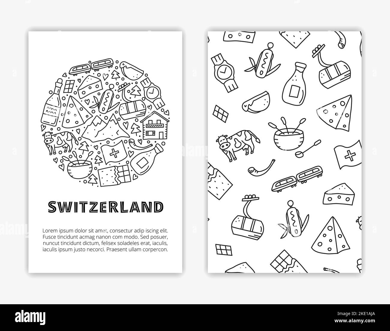 Card templates with doodle outline Switzerland travel icons. Used clipping mask. Stock Vector
