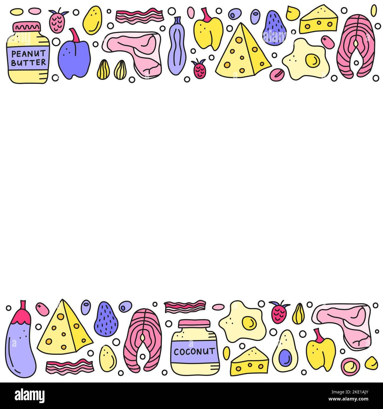 Poster with doodle colored foods for ketogenic diet including cheese