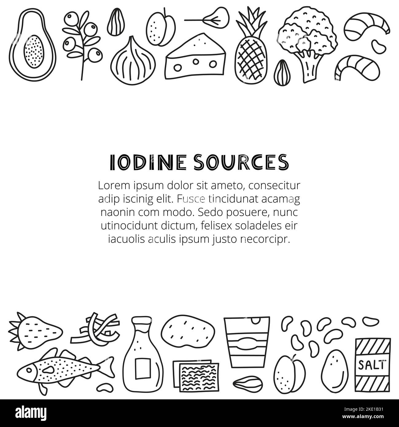 Poster with space for text and doodle outline iodine foods sources including cod, tuna fish, salt, broccoli, yogurt, milk, eggs, prunes, seaweed, shri Stock Vector