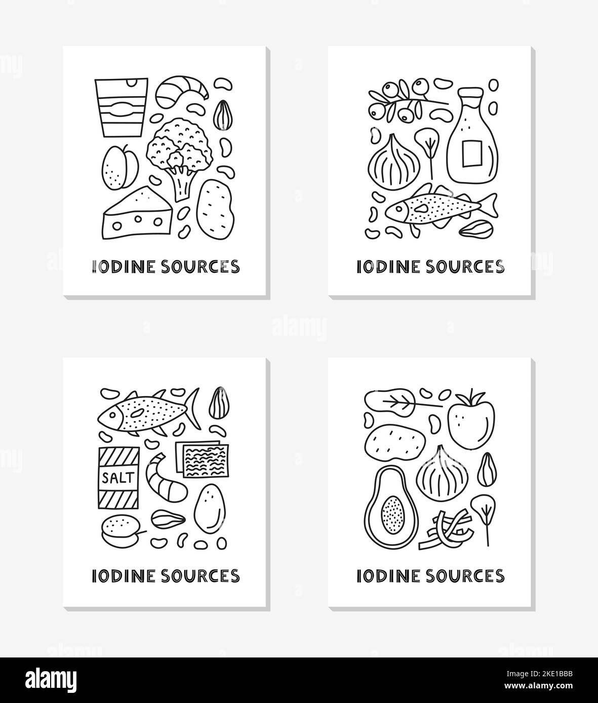 Cards with lettering and doodle outline iodine food sources including ...