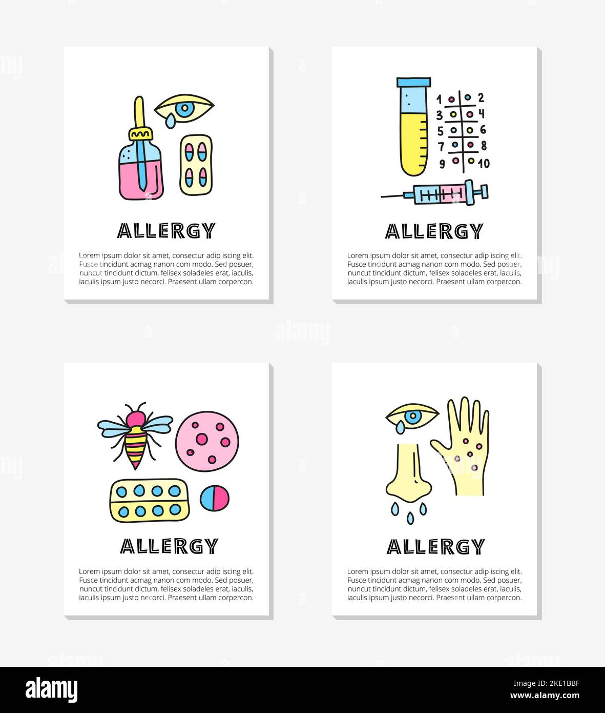 Cards with doodle colored allergy icons including skin rash, runny eye