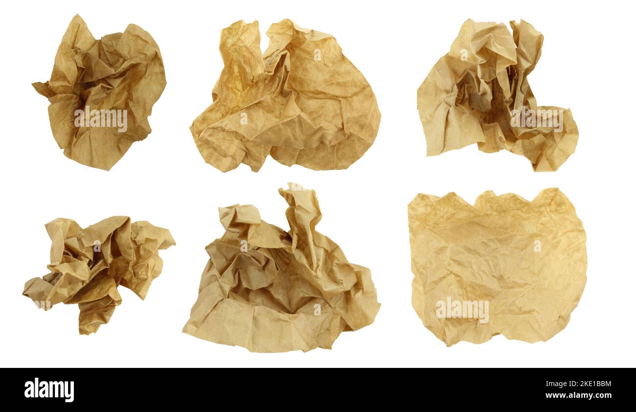Six pieces of brown crumpled paper isolated on white background. Set of folded trash Stock Photo
