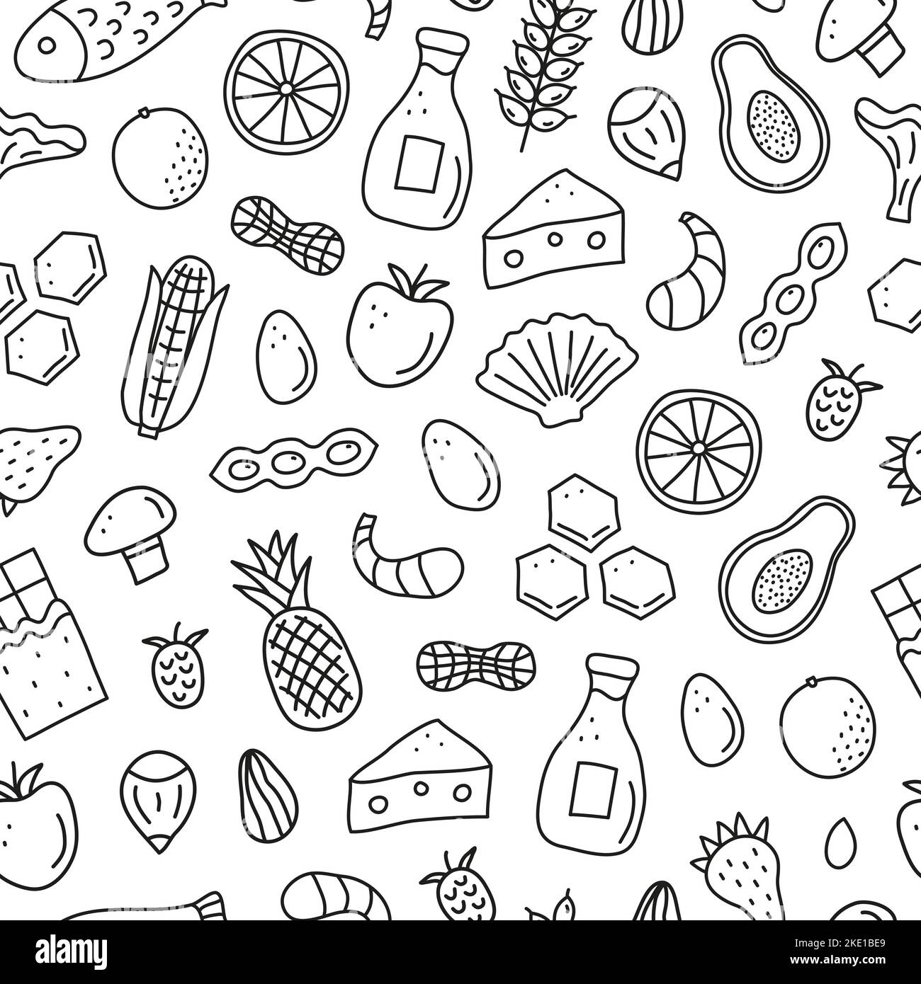 Black and white seamless pattern with doodle outline food allergens ...