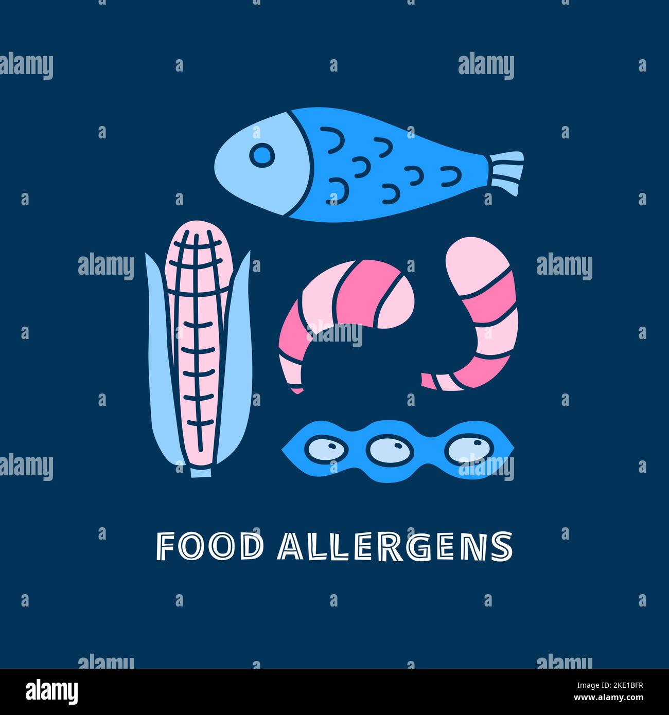 Group of doodle colorful food allergens icons including fish, shrimps
