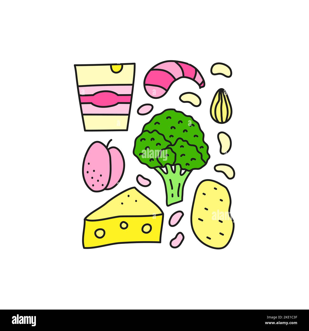 Group of doodle colored iodine food sources including broccoli, yogurt