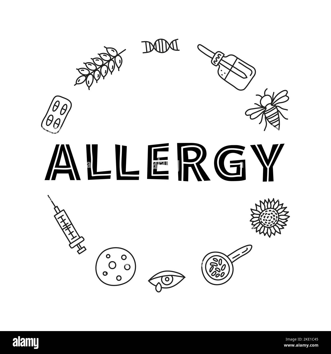 Doodle outline allergy icons including pills blister, wheat, dna